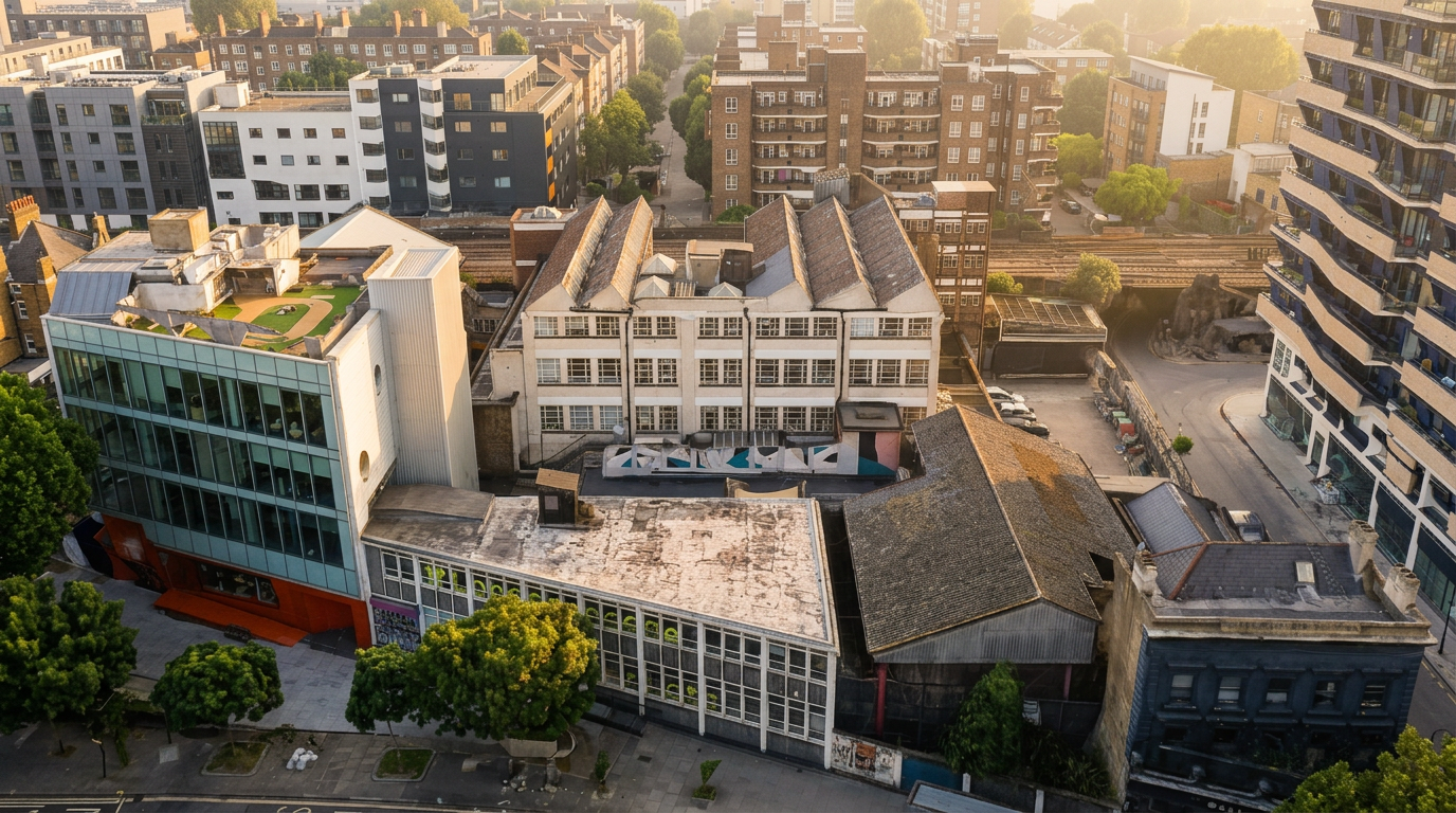 Golden-hour aerial view of the warehouse and studio buildings at 129–131 Mare Street, Hackney